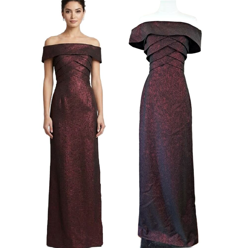 Teri Jon Rickie Freeman Metallic Off shoulder Gown Formal Dress Size 10 Burgundy